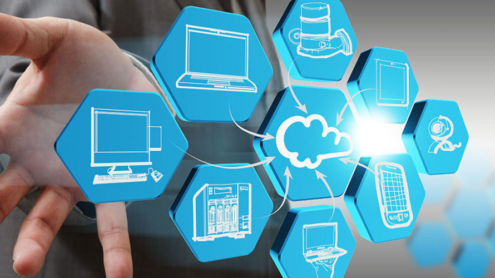 Businessman draws cloud network on abstract icon