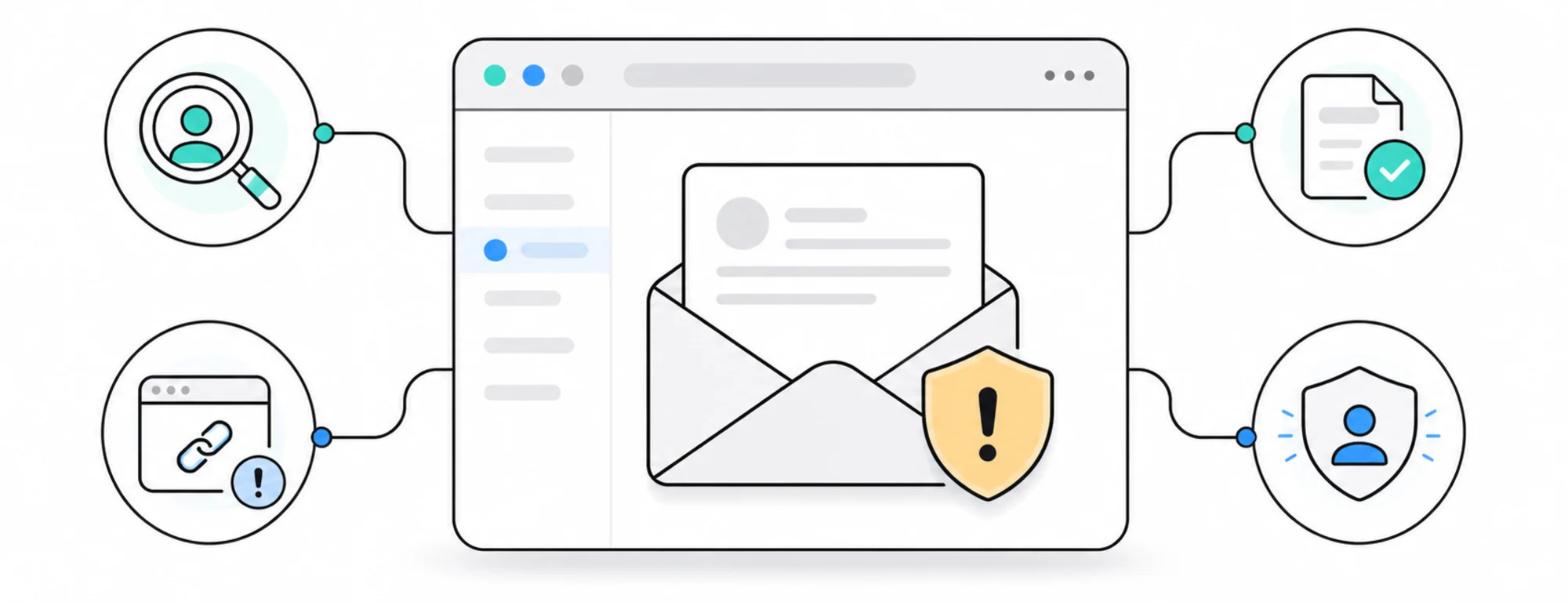 Illustration of a phishing email warning with a suspicious message and a shield